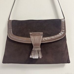 Vintage Brown Suede Shoulder Bag with Leather Trim and Fringe Detail